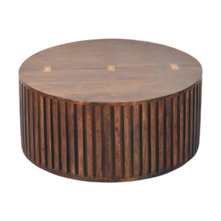 Vega Round Coffee Table Solid Mango Wood Fluted Drum Lift Top Walnut