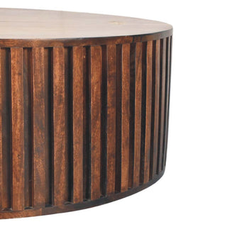 Vega Round Coffee Table Solid Mango Wood Fluted Drum Lift Top Walnut