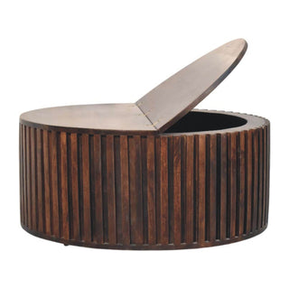 Vega Round Coffee Table Solid Mango Wood Fluted Drum Lift Top Walnut