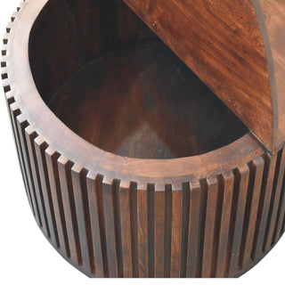 Vega Round Coffee Table Solid Mango Wood Fluted Drum Lift Top Walnut