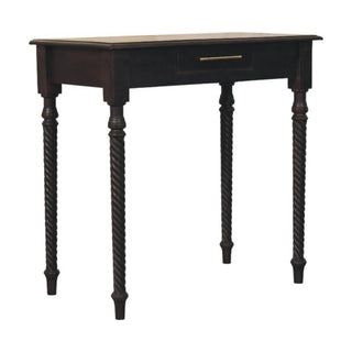 Raffles Writing Desk Mango Wood Rope-Twist Legs Velvet Mocha With Brass Bar Drawer
