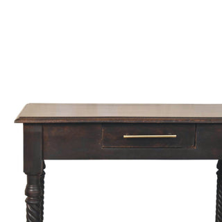 Raffles Writing Desk Mango Wood Rope-Twist Legs Velvet Mocha With Brass Bar Drawer