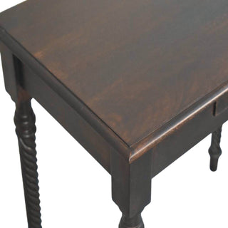 Raffles Writing Desk Mango Wood Rope-Twist Legs Velvet Mocha With Brass Bar Drawer