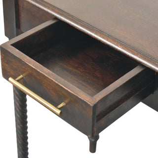 Raffles Writing Desk Mango Wood Rope-Twist Legs Velvet Mocha With Brass Bar Drawer