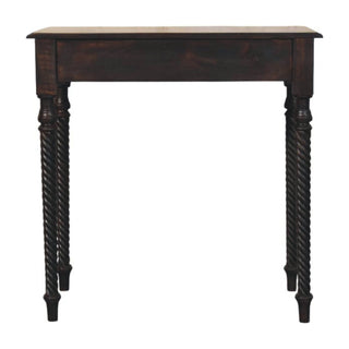 Raffles Writing Desk Mango Wood Rope-Twist Legs Velvet Mocha With Brass Bar Drawer