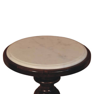 Orla Marble Top Side Table Turned Pedestal Base Chestnut Mango Wood