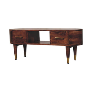 Loren Media Unit Dark Mango Wood Curved Body Brass-Capped Tapered Legs with Open Slot