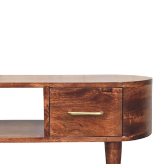Loren Media Unit Dark Mango Wood Curved Body Brass-Capped Tapered Legs with Open Slot