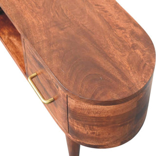 Loren Media Unit Dark Mango Wood Curved Body Brass-Capped Tapered Legs with Open Slot