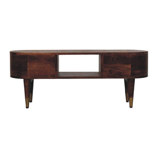 Loren Media Unit Dark Mango Wood Curved Body Brass-Capped Tapered Legs with Open Slot