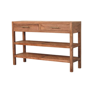 Cora Console Table with Drawers Woven Braided Shelves Honey Caramel Mango Wood