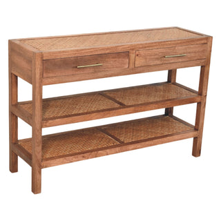 Cora Console Table with Drawers Woven Braided Shelves Honey Caramel Mango Wood