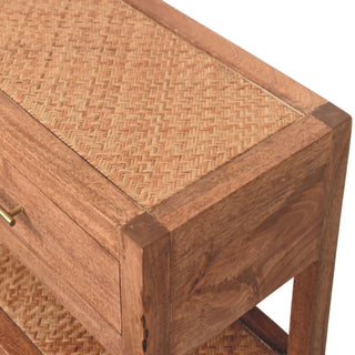 Cora Console Table with Drawers Woven Braided Shelves Honey Caramel Mango Wood