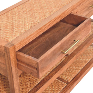 Cora Console Table with Drawers Woven Braided Shelves Honey Caramel Mango Wood