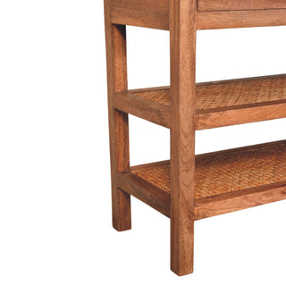 Cora Console Table with Drawers Woven Braided Shelves Honey Caramel Mango Wood
