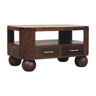 Orb Coffee Table with Drawers Solid Mango Wood Fluted Sides Sphere Feet Walnut