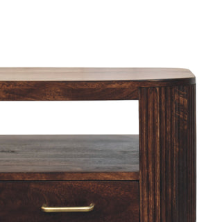 Orb Coffee Table with Drawers Solid Mango Wood Fluted Sides Sphere Feet Walnut