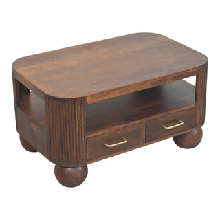 Orb Coffee Table with Drawers Solid Mango Wood Fluted Sides Sphere Feet Walnut