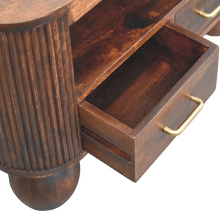 Orb Coffee Table with Drawers Solid Mango Wood Fluted Sides Sphere Feet Walnut