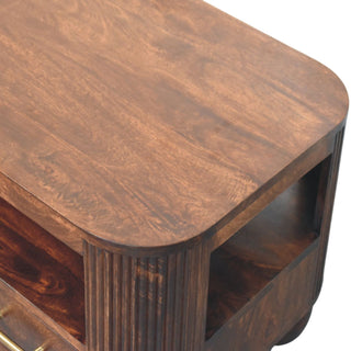 Orb Coffee Table with Drawers Solid Mango Wood Fluted Sides Sphere Feet Walnut