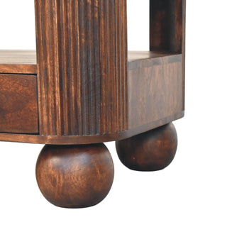 Orb Coffee Table with Drawers Solid Mango Wood Fluted Sides Sphere Feet Walnut