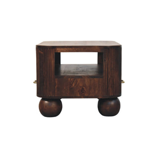 Orb Coffee Table with Drawers Solid Mango Wood Fluted Sides Sphere Feet Walnut