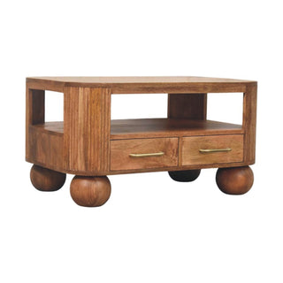 Grove Coffee Table with Drawers Solid Mango Wood Fluted Sides Ball Feet Golden Teak