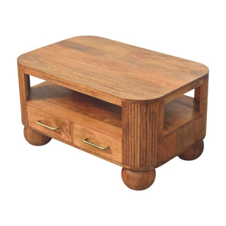 Grove Coffee Table with Drawers Solid Mango Wood Fluted Sides Ball Feet Golden Teak