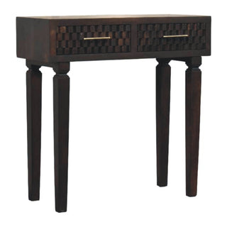 Velour Console Table with Drawers Velvet Mocha Carved Mango Turned Legs
