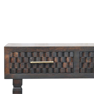 Velour Console Table with Drawers Velvet Mocha Carved Mango Turned Legs