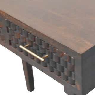 Velour Console Table with Drawers Velvet Mocha Carved Mango Turned Legs