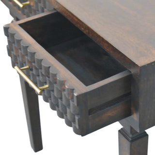 Velour Console Table with Drawers Velvet Mocha Carved Mango Turned Legs