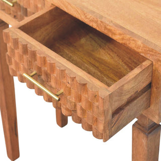 Gilded Console Table with Drawers Golden Teak Carved Cube Turned Legs