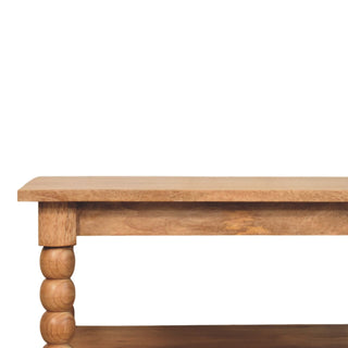 Brock Square Coffee Table Solid Mango Wood Bobbin Turned Legs Lower Shelf Golden Teak