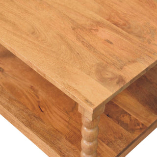 Brock Square Coffee Table Solid Mango Wood Bobbin Turned Legs Lower Shelf Golden Teak