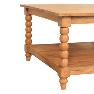 Brock Square Coffee Table Solid Mango Wood Bobbin Turned Legs Lower Shelf Golden Teak