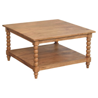Brock Square Coffee Table Solid Mango Wood Bobbin Turned Legs Lower Shelf Golden Teak