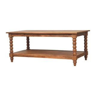 Twist Coffee Table Solid Mango Wood Barley Spiral Legs Lower Shelf Golden Teak
