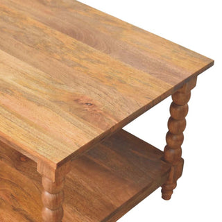 Twist Coffee Table Solid Mango Wood Barley Spiral Legs Lower Shelf Golden Teak