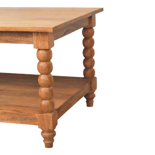 Twist Coffee Table Solid Mango Wood Barley Spiral Legs Lower Shelf Golden Teak