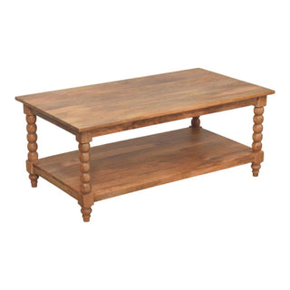 Twist Coffee Table Solid Mango Wood Barley Spiral Legs Lower Shelf Golden Teak