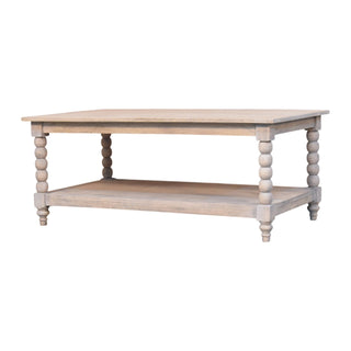 Loom Coffee Table Solid Mango Wood Turned Spindle Legs Lower Shelf Acid Wash
