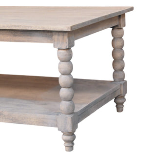 Loom Coffee Table Solid Mango Wood Turned Spindle Legs Lower Shelf Acid Wash