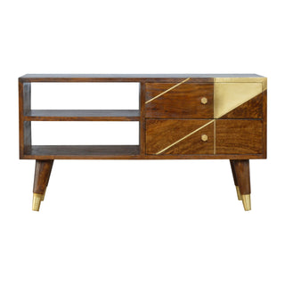 Geo Media Unit Chestnut Mango Wood Geometric Gold Brass Diagonal Inlay Drawers with Gold-Plated Feet