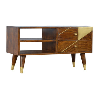 Geo Media Unit Chestnut Mango Wood Geometric Gold Brass Diagonal Inlay Drawers with Gold-Plated Feet