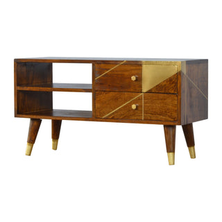 Geo Media Unit Chestnut Mango Wood Geometric Gold Brass Diagonal Inlay Drawers with Gold-Plated Feet