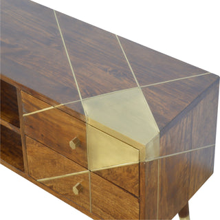 Geo Media Unit Chestnut Mango Wood Geometric Gold Brass Diagonal Inlay Drawers with Gold-Plated Feet