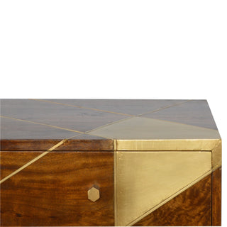 Geo Media Unit Chestnut Mango Wood Geometric Gold Brass Diagonal Inlay Drawers with Gold-Plated Feet