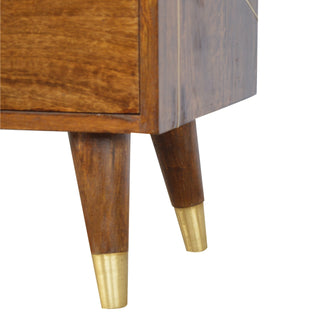 Geo Media Unit Chestnut Mango Wood Geometric Gold Brass Diagonal Inlay Drawers with Gold-Plated Feet