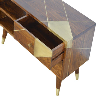 Geo Media Unit Chestnut Mango Wood Geometric Gold Brass Diagonal Inlay Drawers with Gold-Plated Feet